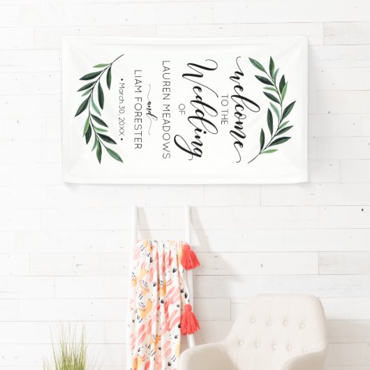 Waterverf Greenery Wedding Welkom Banner (Insitu)