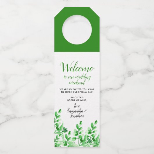 Waterverf Greenery Welkom op onze bruiloft Flessenhanger (Voorkant)