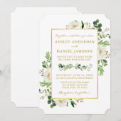 Waterverf Greenery White Floral Gold Wedding Kaart (Voorkant / Achterkant)