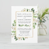 Waterverf Greenery White Floral Gold Wedding Kaart (Staand voorkant)