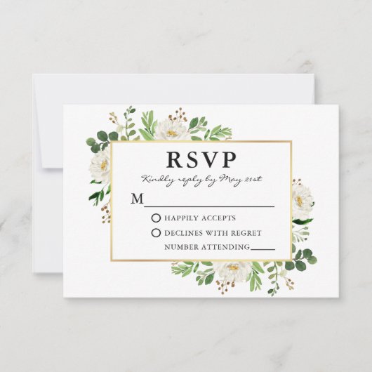 Waterverf Greenery White Floral Gold Wedding RSVP Kaartje (Voorkant)