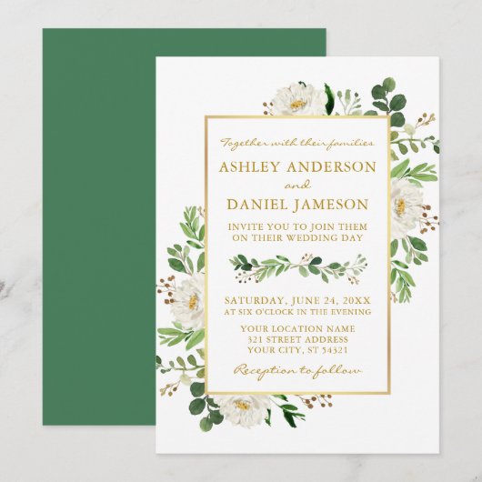 Waterverf Greenery White Floral Wedding Gold Kaart (Voorkant / Achterkant)