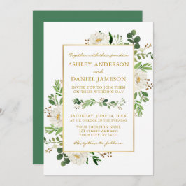Waterverf Greenery White Floral Wedding Gold Kaart