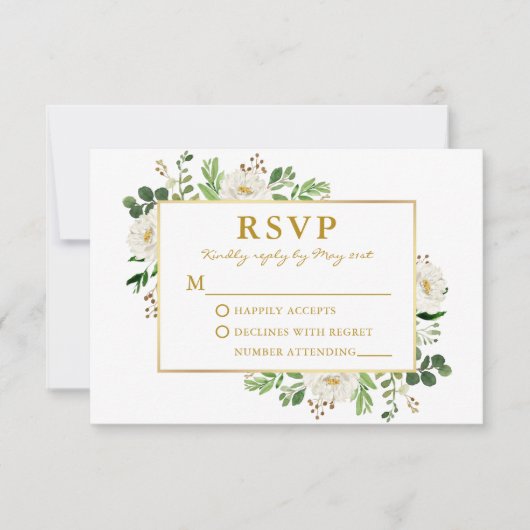 Waterverf Greenery White Floral Wedding Gold RSVP Kaartje (Voorkant)