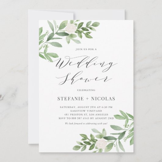 Waterverf Greenery White Floral Wedding Shower Kaart (Voorkant)