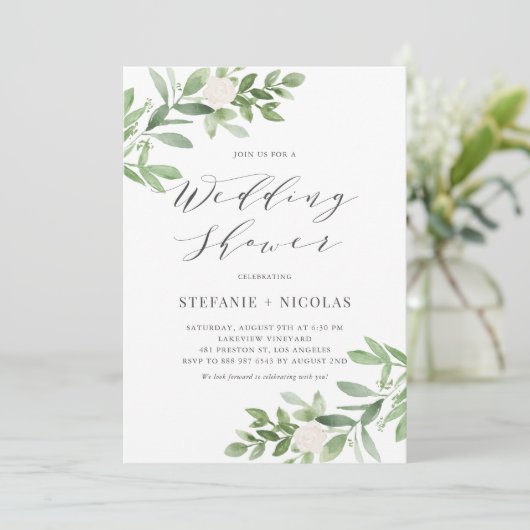 Waterverf Greenery White Floral Wedding Shower Kaart (Staand voorkant)