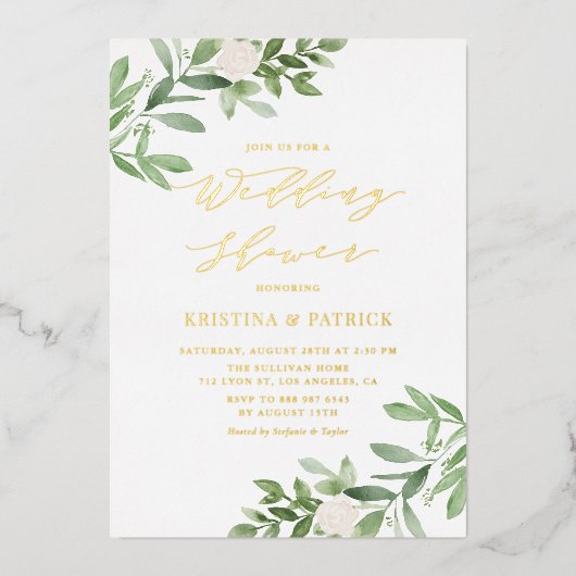 Waterverf Greenery White Flower Wedding Shower Folie Uitnodiging (Voorkant)