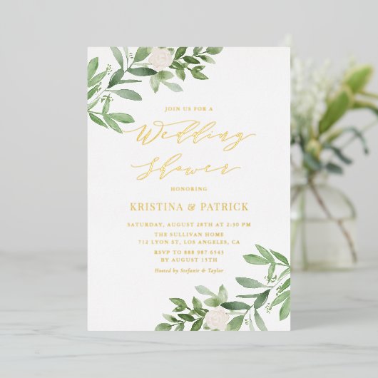 Waterverf Greenery White Flower Wedding Shower Folie Uitnodiging (Staand Voorkant)