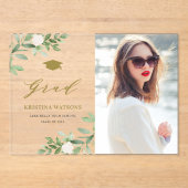 Waterverf Greenery White Flowers Afstuderen Acryl Uitnodigingen (Voorkant)