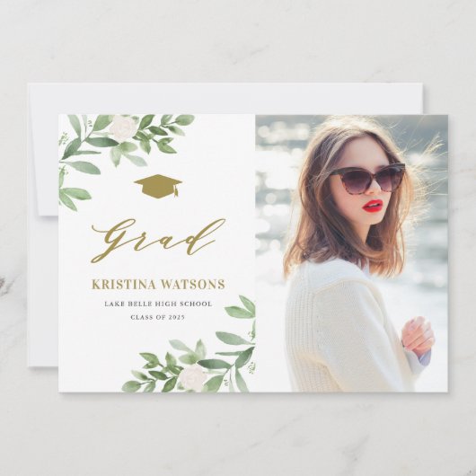 Waterverf Greenery White Flowers Afstuderen Kaart (Voorkant)