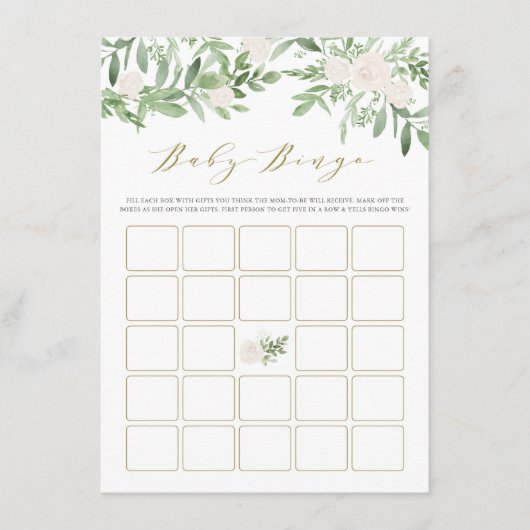 Waterverf Greenery White Flowers Baby Bingo Game Informatiekaartje (Voorkant)