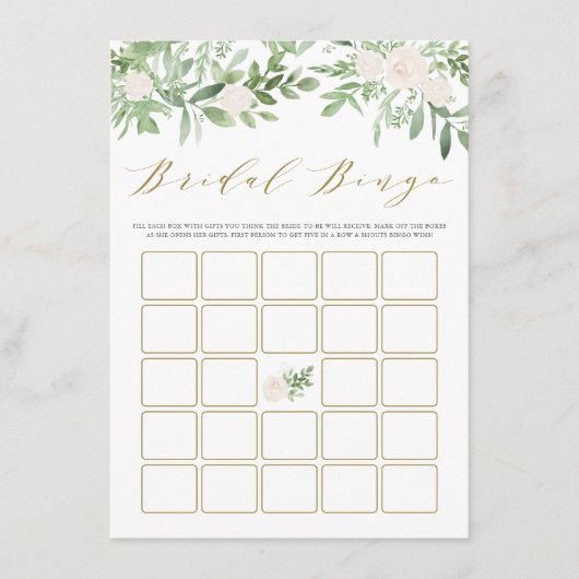 Waterverf Greenery White Flowers Bridal Bingo Informatiekaartje (Voorkant)