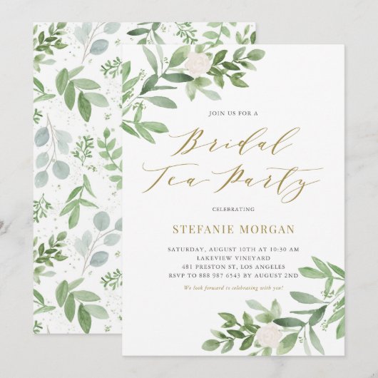 Waterverf Greenery White Flowers Bridal Tea Party Kaart (Voorkant / Achterkant)