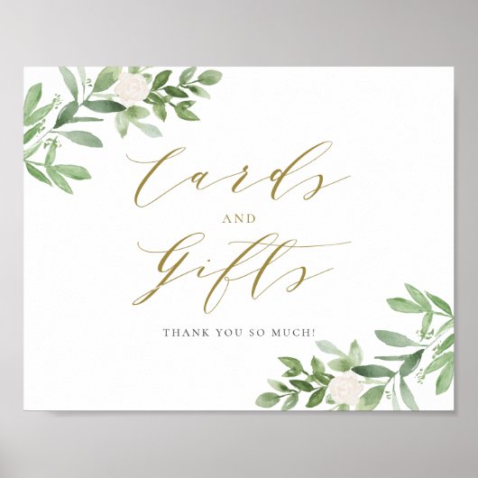 Waterverf Greenery White Flowers Kaarten en Gifts Poster (Voorkant)