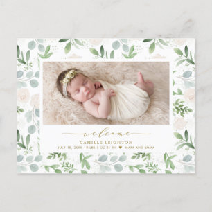 Waterverf Greenery & White Flowers Pattern Aankondigingskaart