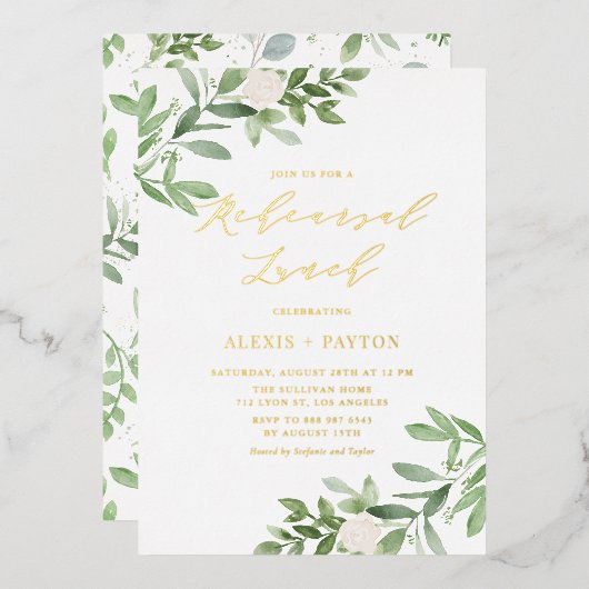 Waterverf Greenery White Flowers Rehearsal Lunch Folie Uitnodiging (Voorkant / Achterkant)