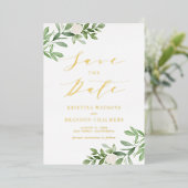 Waterverf Greenery White Flowers Save the Date Folie Uitnodiging (Staand Voorkant)