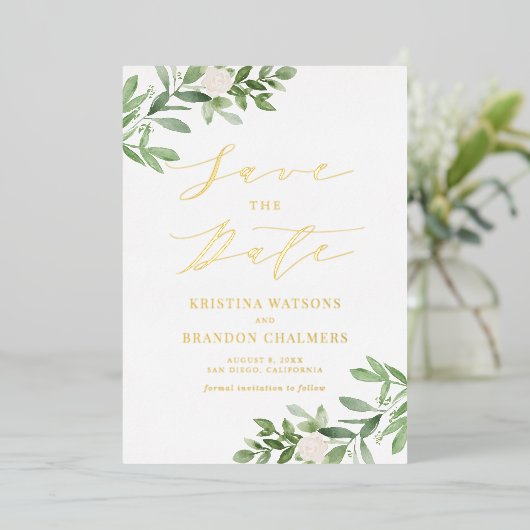 Waterverf Greenery White Flowers Save the Date Folie Uitnodiging (Staand Voorkant)