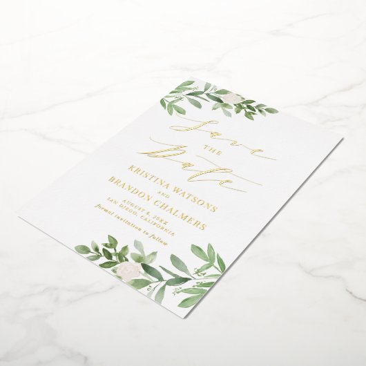 Waterverf Greenery White Flowers Save the Date Folie Uitnodiging (Gedraaid)