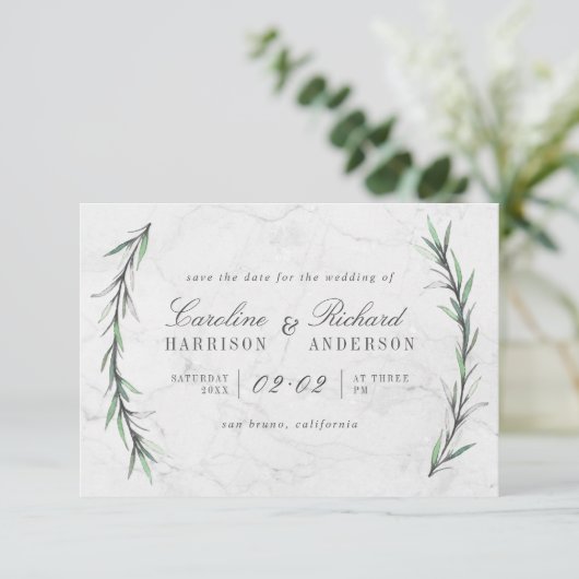 Waterverf Greenery & White Marble Bewaar de datum Save The Date (Staand voorkant)