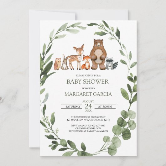 Waterverf Greenery Woodland Animals Baby shower I Kaart (Voorkant)