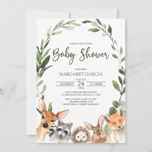 Waterverf Greenery Woodland Animals Baby shower Kaart (Voorkant)