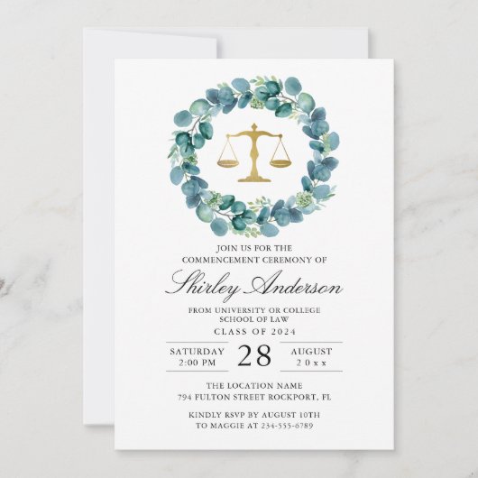 Waterverf Greenery Wreath Law School Afstuderen Kaart (Voorkant)