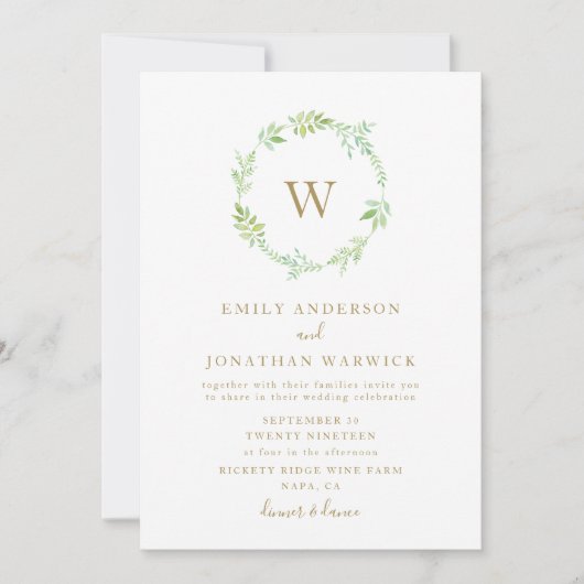 Waterverf Greenery Wreath Wedding Invitation Kaart (Voorkant)