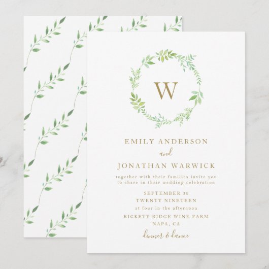 Waterverf Greenery Wreath Wedding Invitation Kaart (Voorkant / Achterkant)