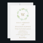 Waterverf Greenery Wreath Wedding Invitation Kaart<br><div class="desc">Waterverf Greenery Wreath Wedding Invitation voegt uw nieuwe familienaam initiaal in de leaf wreath toe - een Waterverf beschilderde blad detail trouwuitnodigingsontwerp. Fijne lentekleuren voor een zomer- of lentbruiloft met fernachtige groen/bladeren.</div>