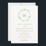 Waterverf Greenery Wreath Wedding Invitation Kaart<br><div class="desc">Waterverf Greenery Wreath Wedding Invitation voegt uw nieuwe familienaam initiaal in de leaf wreath toe - een Waterverf beschilderde blad detail trouwuitnodigingsontwerp. Fijne lentekleuren voor een zomer- of lentbruiloft met fernachtige groen/bladeren.</div>