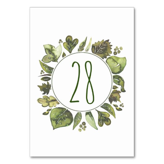 Waterverf Greenery Wreath Wedding Table Numbers Kaart (Voorkant)