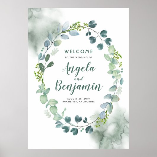 Waterverf Greenery Wreath Wedding Welcome Sign Poster (Voorkant)
