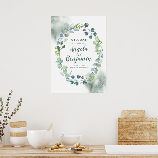 Waterverf Greenery Wreath Wedding Welcome Sign Poster (Keuken)