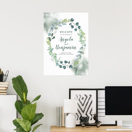 Waterverf Greenery Wreath Wedding Welcome Sign Poster (Thuiskantoor)