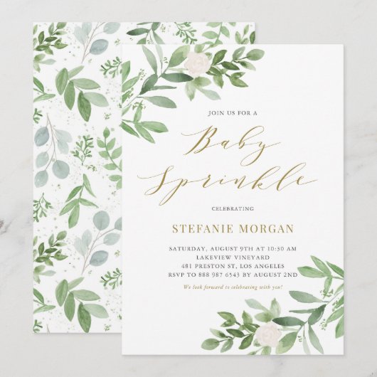 Waterverf Greeney en White Flowers Baby Sprinkle Kaart (Voorkant / Achterkant)