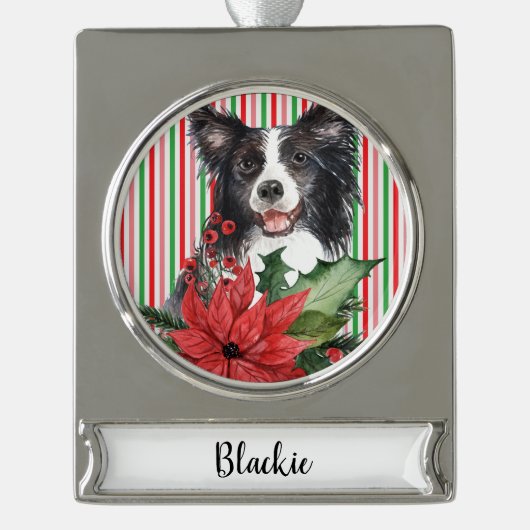 Waterverf grenspolitie met Poinsettia Verzilverd Banner Ornament (Voorkant)