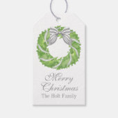 Waterverf Grey Bow Krans en Groene Topiary Cadeaulabel (Voorkant)