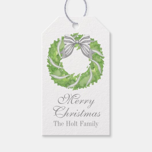 Waterverf Grey Bow Krans en Groene Topiary Cadeaulabel (Voorkant)