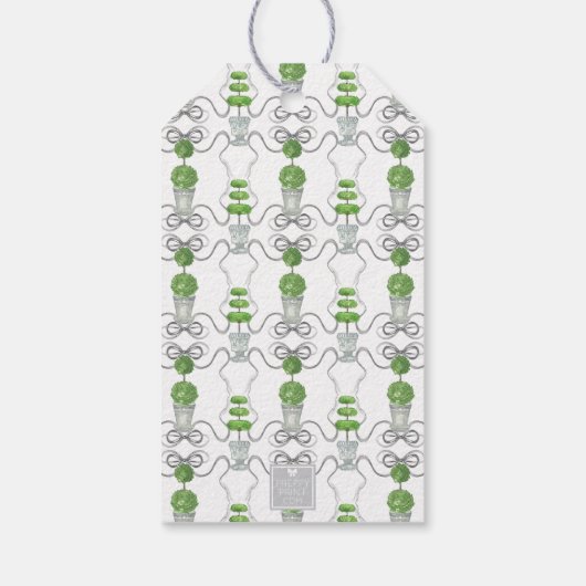 Waterverf Grey Bow Krans en Groene Topiary Cadeaulabel (Achterkant)