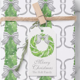 Waterverf Grey Bow Krans en Groene Topiary Cadeaulabel