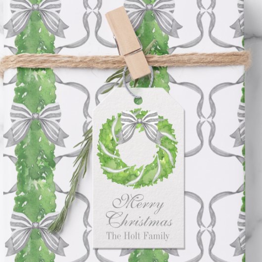 Waterverf Grey Bow Krans en Groene Topiary Cadeaulabel