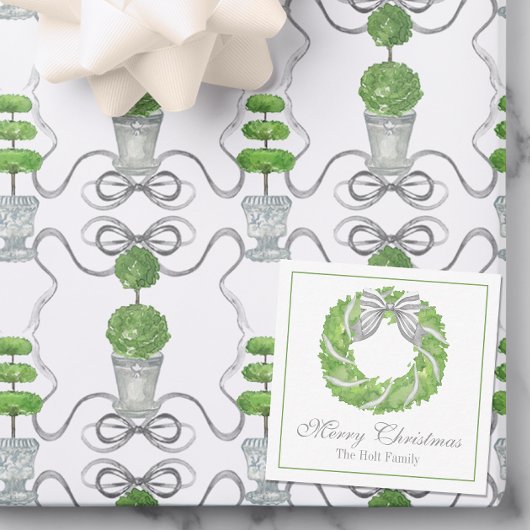 Waterverf Grey Bow Krans en Groene Topiary Notitiekaartje