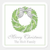 Waterverf Grey Bow Krans en Groene Topiary Vierkante Sticker (Voorkant)