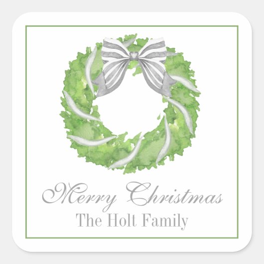 Waterverf Grey Bow Krans en Groene Topiary Vierkante Sticker (Voorkant)