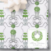 Waterverf Grey Bow Krans en Groene Topiary Vierkante Sticker