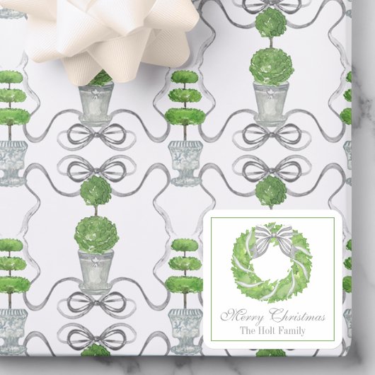 Waterverf Grey Bow Krans en Groene Topiary Vierkante Sticker