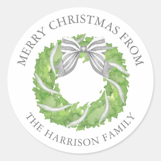 Waterverf Grey Bow Krans Kerst Ronde Sticker (Voorkant)