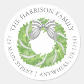 Waterverf Grey Bow Krans Retouradres Ronde Sticker (Voorkant)