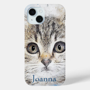 Waterverf Grey Kitten op blauw iPhone 15 Case